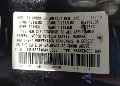 2013 Acura Tl 3.5 из США, поврежденный, VIN 19UUA8F5XDA013565